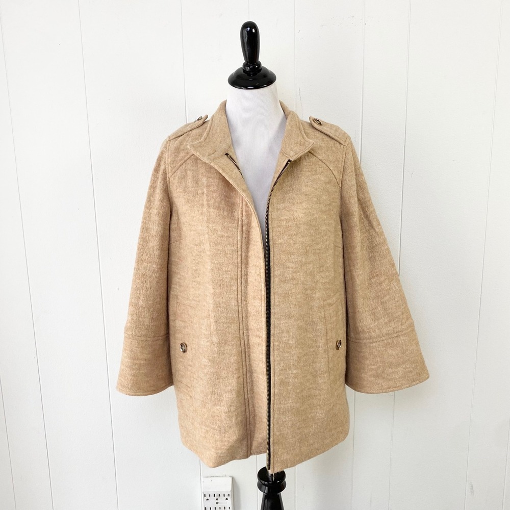 Chicos Tan Wool Full Zip Funnel Neck Wide Sleeve Coat Size 1 US Sz Small